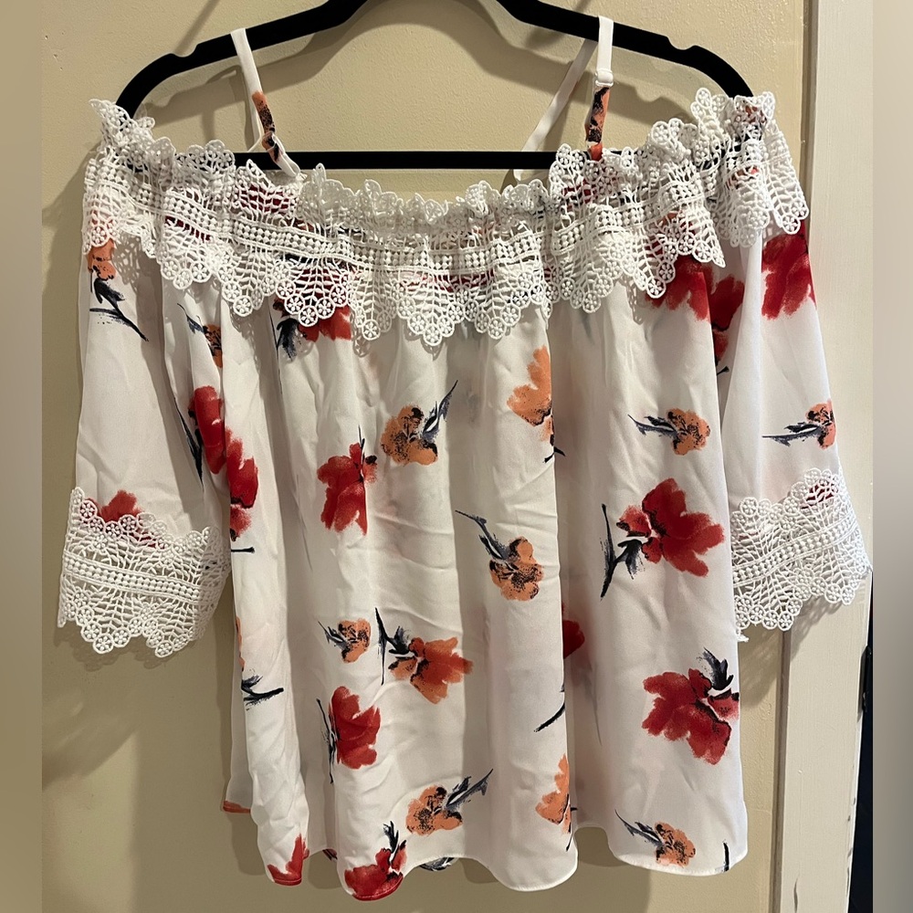 Bcx Size XL Floral Crochet-Trim Off-the-Shoulder Top